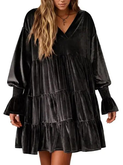 Women's V-neck elegant velvet loose babydoll dress