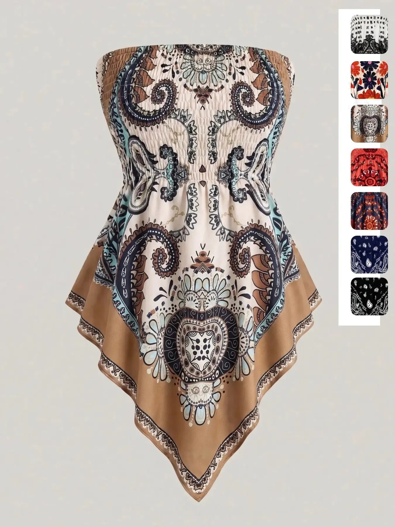 Plus Size Women's Ethnic Print Strapless Top, Bohemian Style Asymmetrical Hem Tube Top, Casual Summer Fashion Top