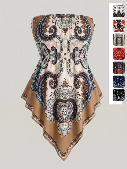 Plus Size Women's Ethnic Print Strapless Top, Bohemian Style Asymmetrical Hem Tube Top, Casual Summer Fashion Top