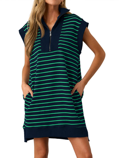 🔥Hot Sale 49% Off-Women's Striped Casual Zipper Cap Sleeve Mini Dress