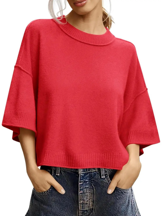 Oversized Cropped Short‑Sleeve Knit Top 🍂 Drop‑Shoulder Crew Neck Exposed‑Stitching Casual Tops