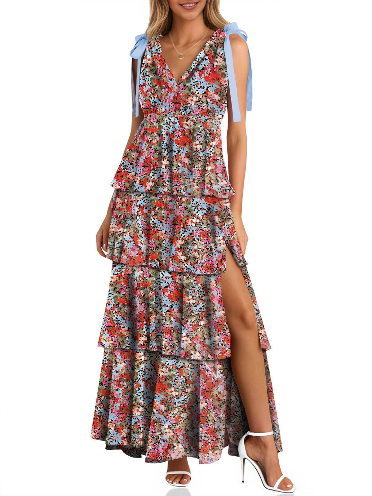 🔥Hot Sale--Women's Boho Floral Tie Strap V Neck Ruffle Tiered Maxi Dress