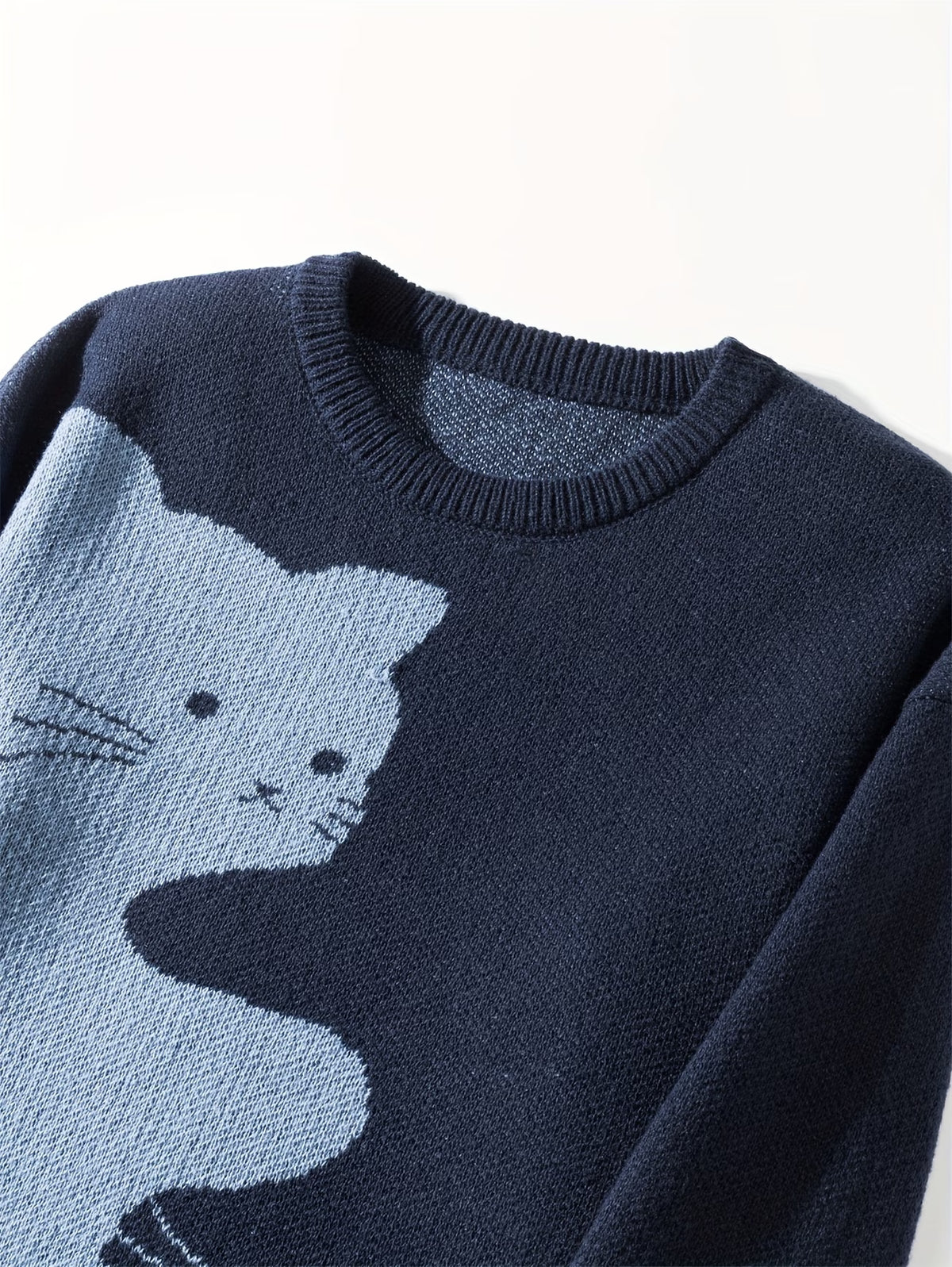 Cartoon Cat Round Neck Long Sleeve Sweater Preppy Style