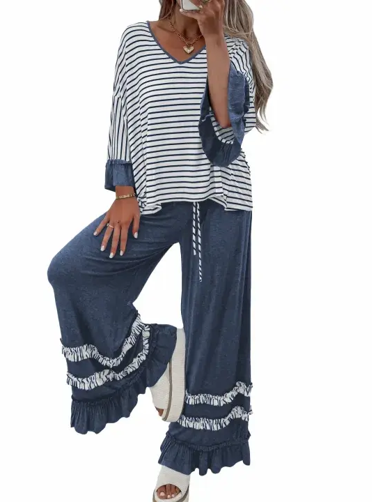 Striped V Neck Ruffle Two Piece Set