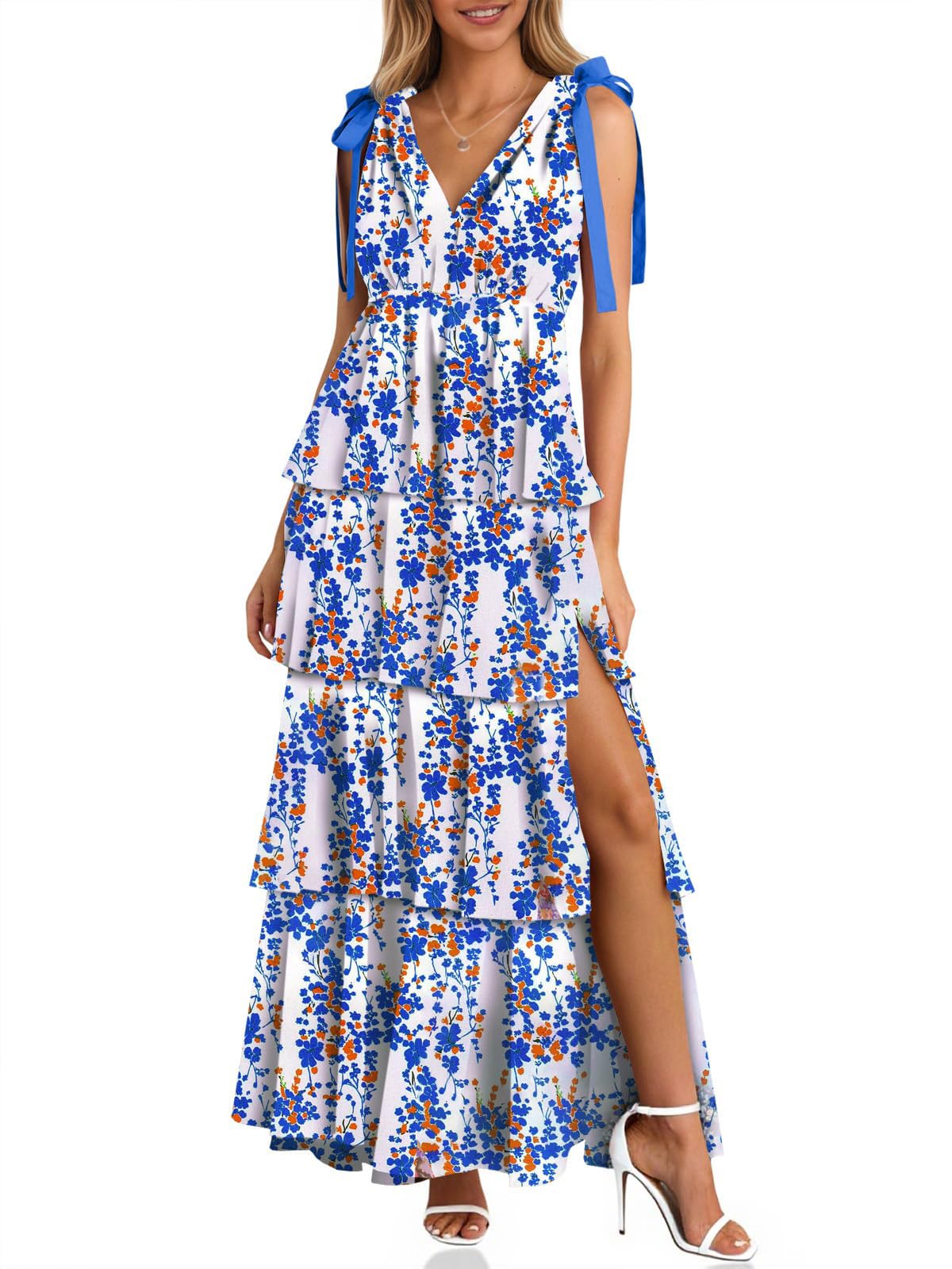 🔥Hot Sale--Women's Boho Floral Tie Strap V Neck Ruffle Tiered Maxi Dress
