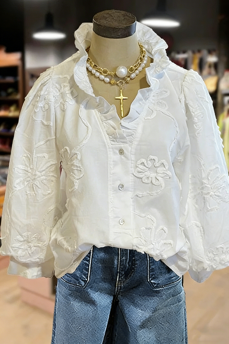 🔥🔥🔥🔥Embroidered Flower Ruffle Neck Puff Sleeve Top(BUY 2 FREE SHIPPING)