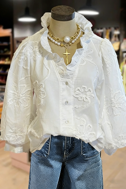 🔥🔥🔥🔥Embroidered Flower Ruffle Neck Puff Sleeve Top(BUY 2 FREE SHIPPING)