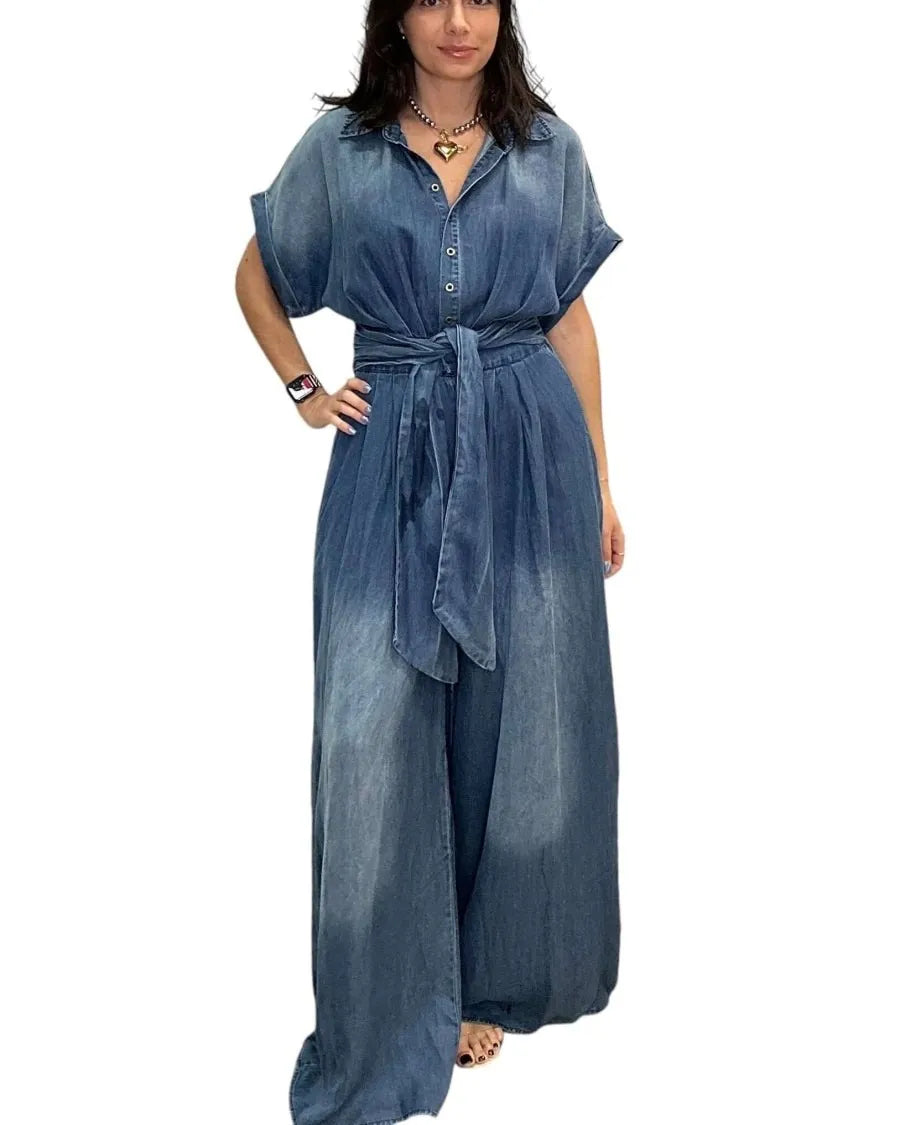 Casual Bat Sleeve Tie-Waist Tencel Denim Wide-Leg Jumpsuit