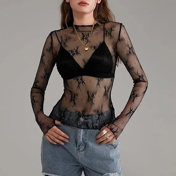 Women Long Sleeve Tops Sheer Lace Basic Shirt Casual Pullover for Fall Club Streetwear Aesthetic Clothes(Buy 3 Free Shipping)