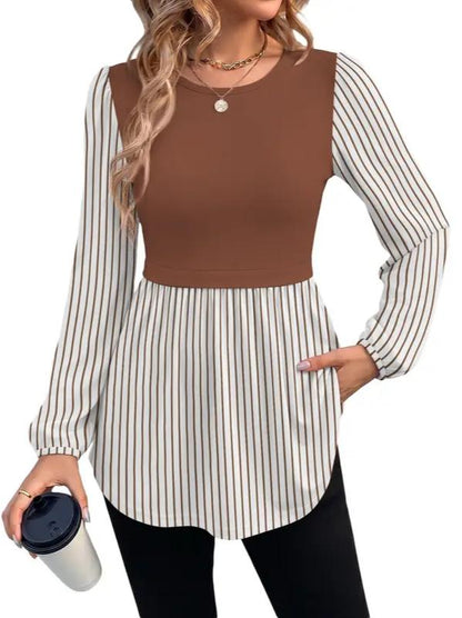 Women Crew Neck Babydoll Peplum Long Sleeve Tunic Blouse