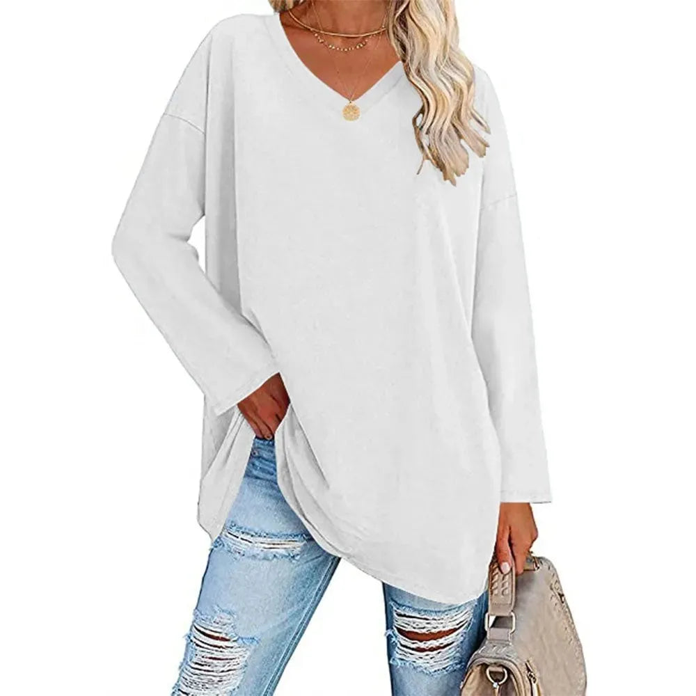 WOMENS LOOSE FASHION V-NECK TOP SHORT & LONG OPTION