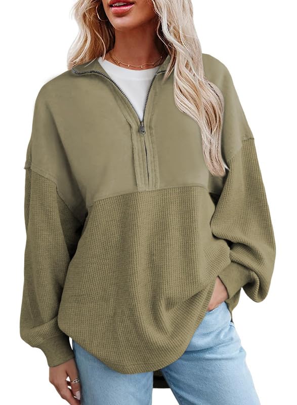 Hot Sale-Women's Waffle Knit Half Zip Pullover Casual Sweatshirt