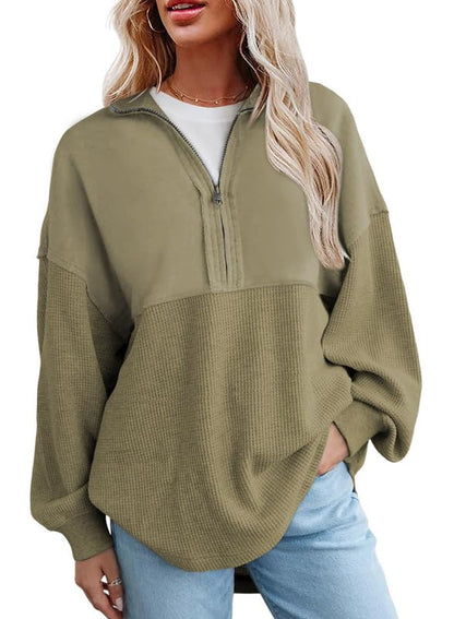 Hot Sale-Women's Waffle Knit Half Zip Pullover Casual Sweatshirt
