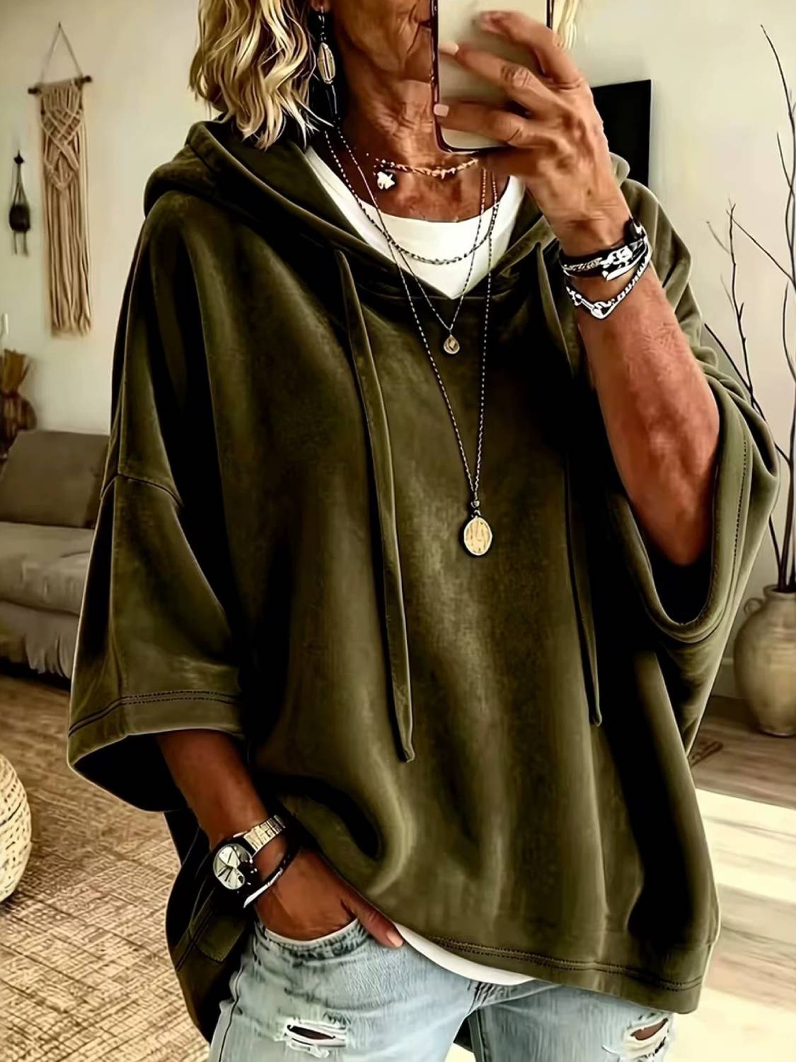 Women’s 3/4 Sleeves Minimalist Velour Hoodie Top