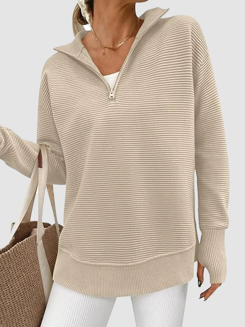 Hot Sale-Women Oversized Half Zip Collar Vertical Rib Long Sleeve Knit Top