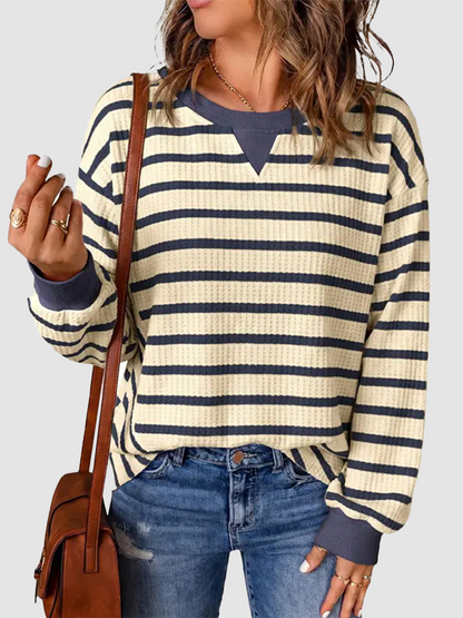Women Oversized Striped Crewneck Long Sleeve Rib Cuff Casual Pullover Top