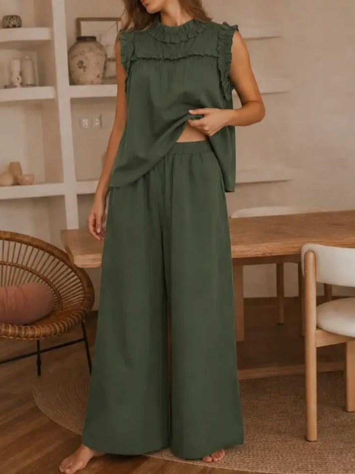 Women's Ruffle Sleeveless Top Wide Leg Pants Two Piece Set