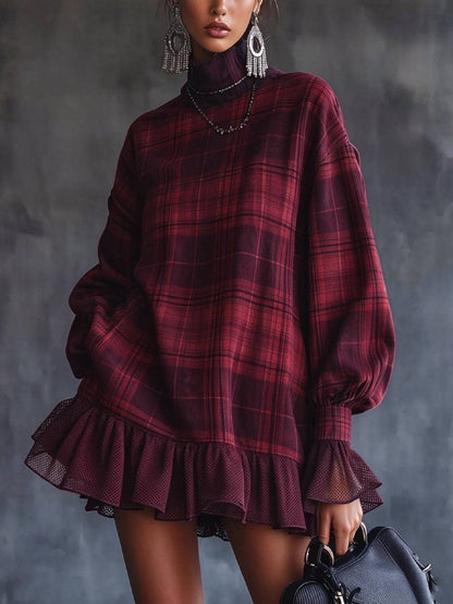 Hot Sale-Women's Vintage Mock Neck Plaid Casual Dress