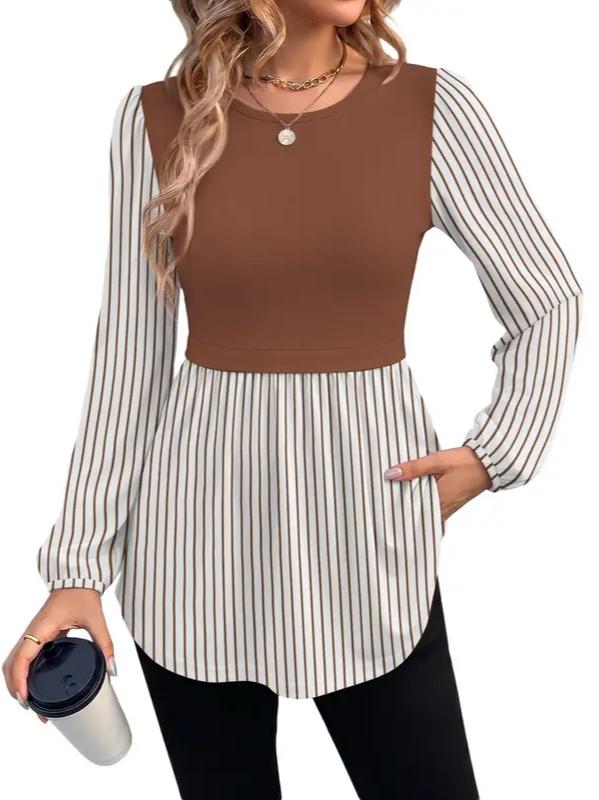 Limited time sale🔥Women Crew Neck Babydoll Peplum Long Sleeve Tunic Blouse