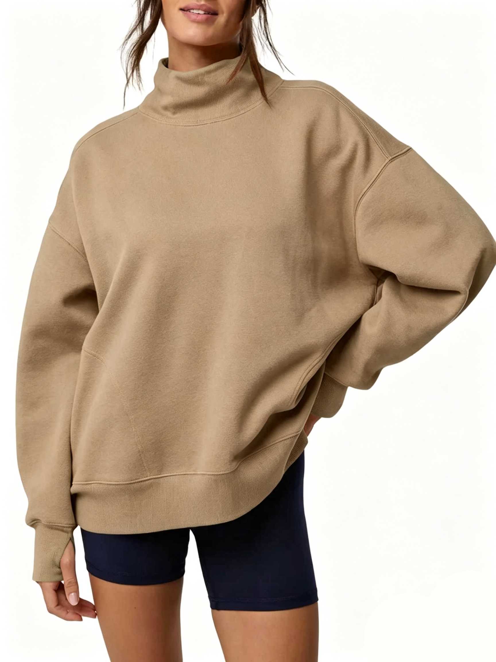 Women's Oversized Mock Neck Sweatshirt with Thumbholes