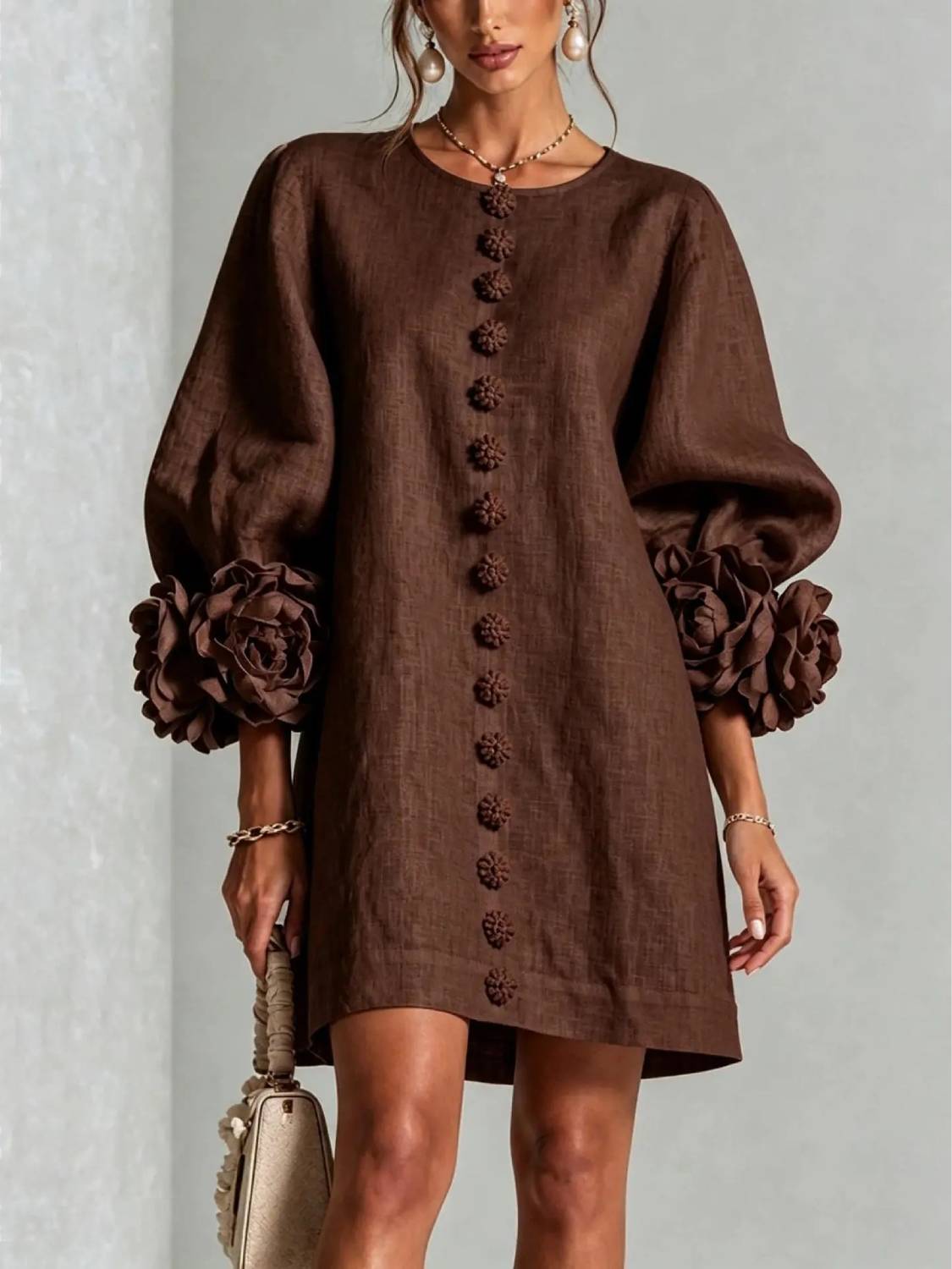 Women's Elegant Floral Cuff Puff Sleeve Linen Mini Dress
