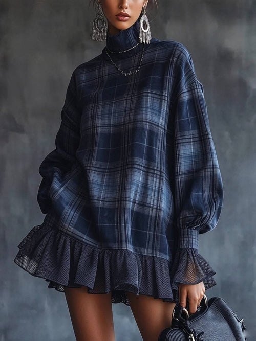Hot Sale-Women's Vintage Mock Neck Plaid Casual Dress