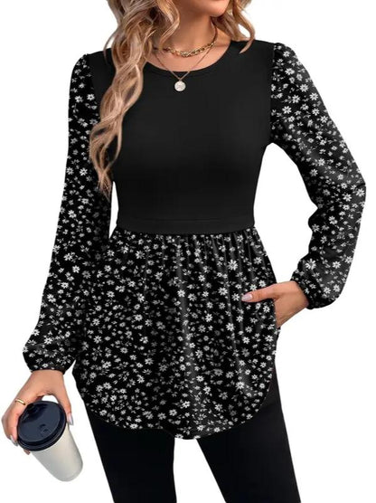 Limited time sale🔥Women Crew Neck Babydoll Peplum Long Sleeve Tunic Blouse