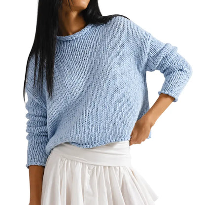 Women Chunky Crochet Crew Neck Oversized Long-Sleeve Pullover Sweater