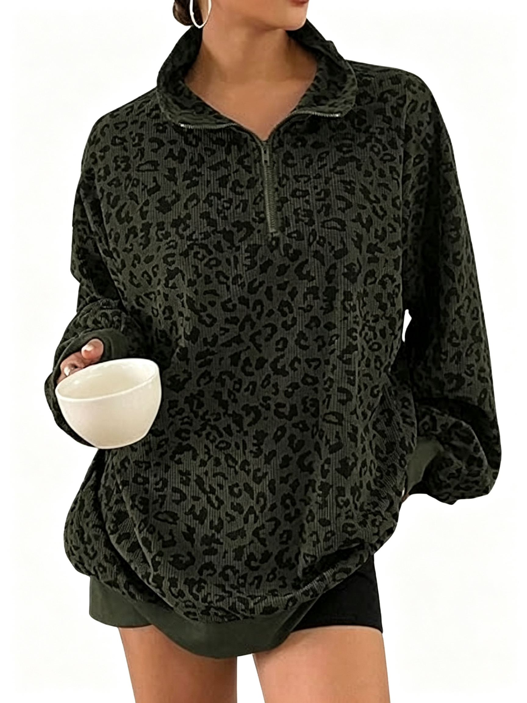 Women Half Zip Leopard Print Oversized Drop Shoulder Pullover