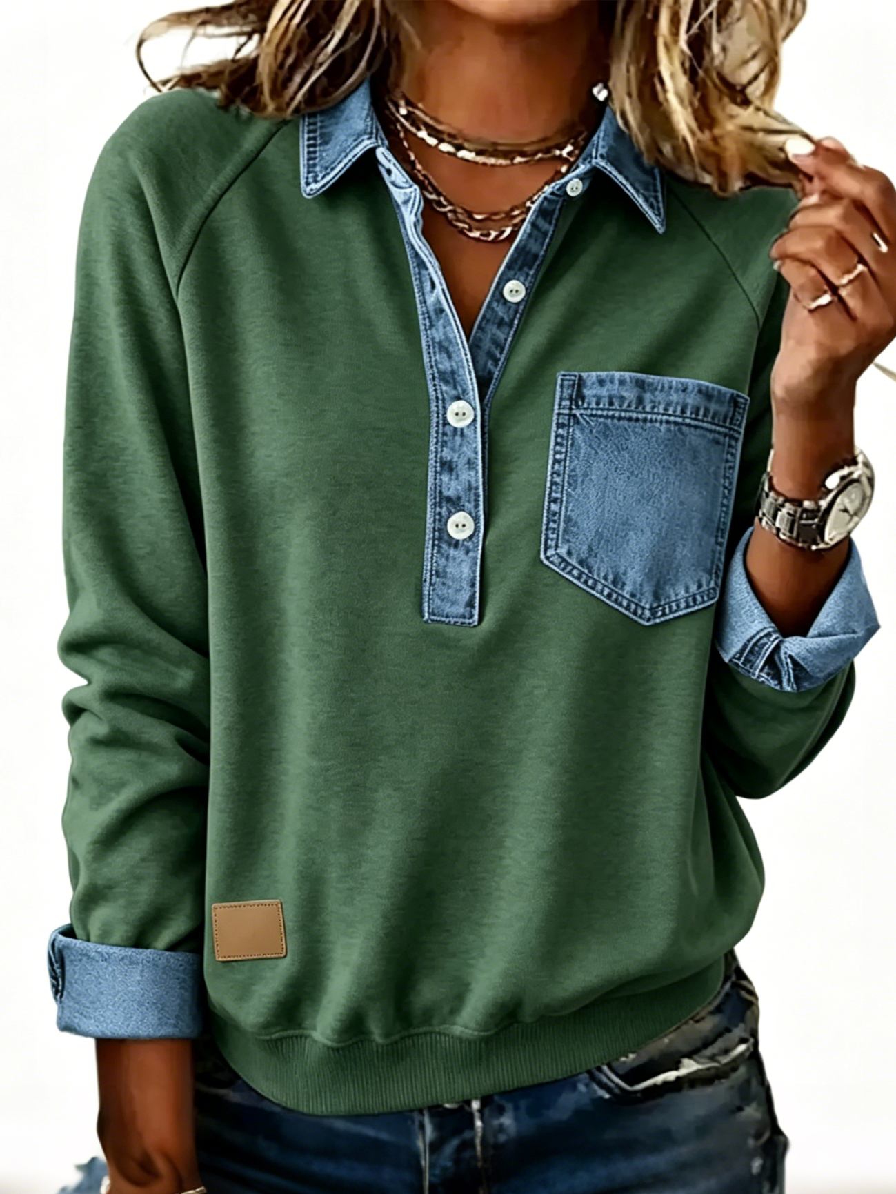 Women's Denim Patchwork Collar Henley Sweatshirt