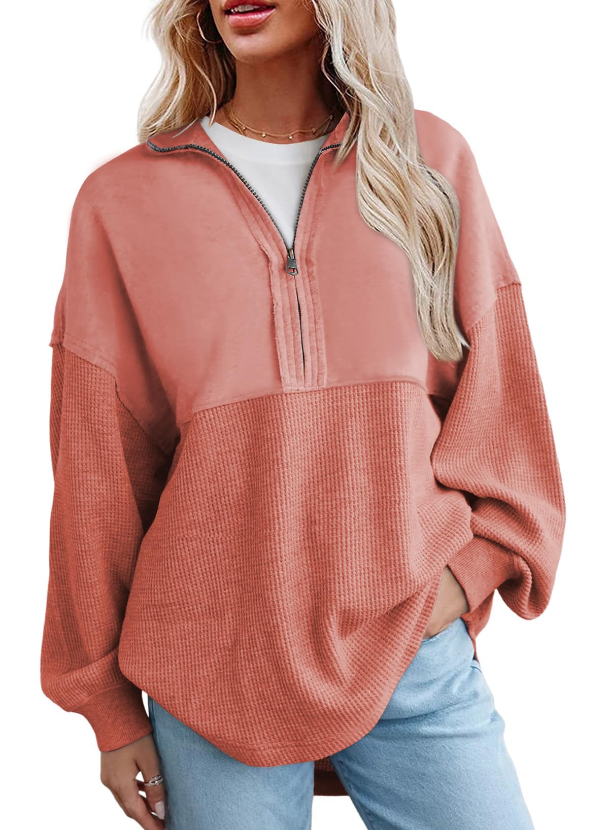 Hot Sale-Women's Waffle Knit Half Zip Pullover Casual Sweatshirt