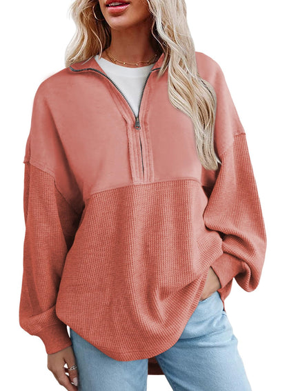 Hot Sale-Women's Waffle Knit Half Zip Pullover Casual Sweatshirt