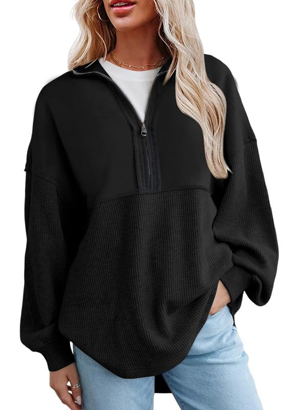 Hot Sale-Women's Waffle Knit Half Zip Pullover Casual Sweatshirt