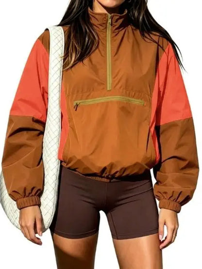 Women Retro Color Block Half Zip Windbreaker