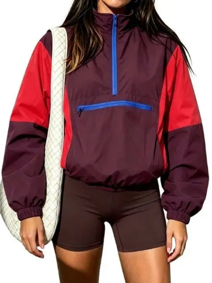 Women Retro Color Block Half Zip Windbreaker