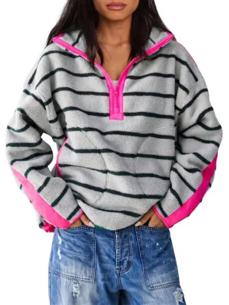 Women Streetwear Contrast Trim Half‑Zip Fleece Pullover Sweatshirt