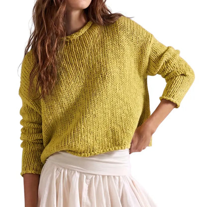 Women Chunky Crochet Crew Neck Oversized Long-Sleeve Pullover Sweater