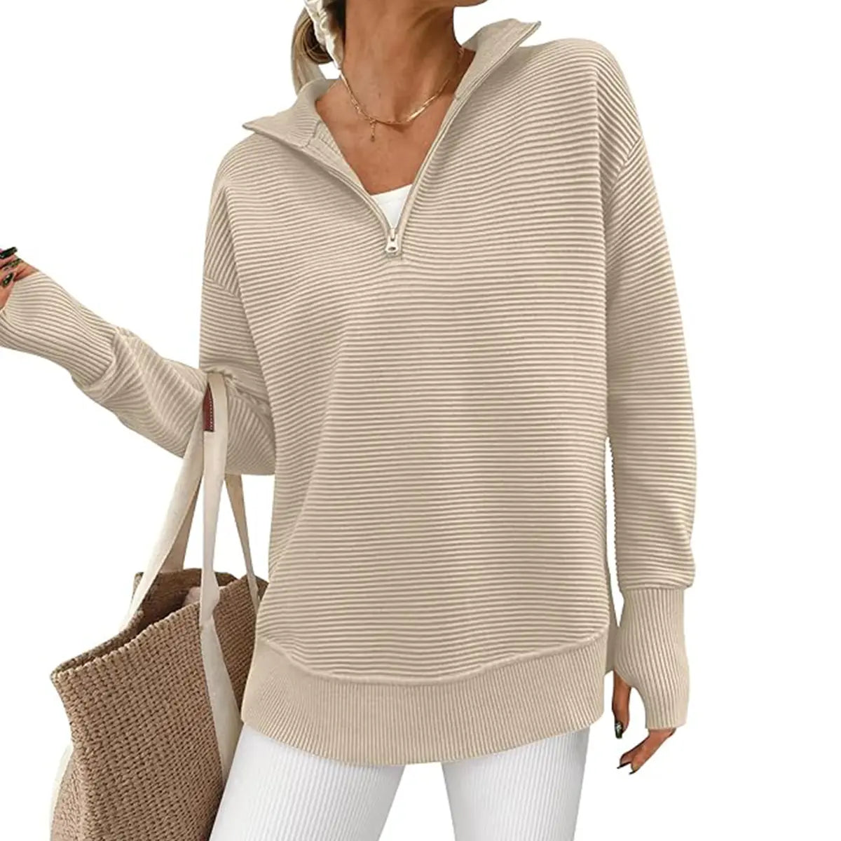 Hot Sale-Women Oversized Half Zip Collar Vertical Rib Long Sleeve Knit Top