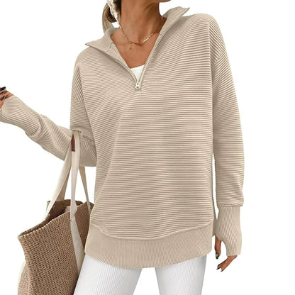 Hot Sale-Women Oversized Half Zip Collar Vertical Rib Long Sleeve Knit Top