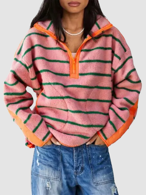 Women Streetwear Contrast Trim Half‑Zip Fleece Pullover Sweatshirt