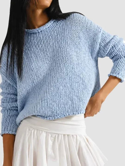 Women Chunky Crochet Crew Neck Oversized Long-Sleeve Pullover Sweater
