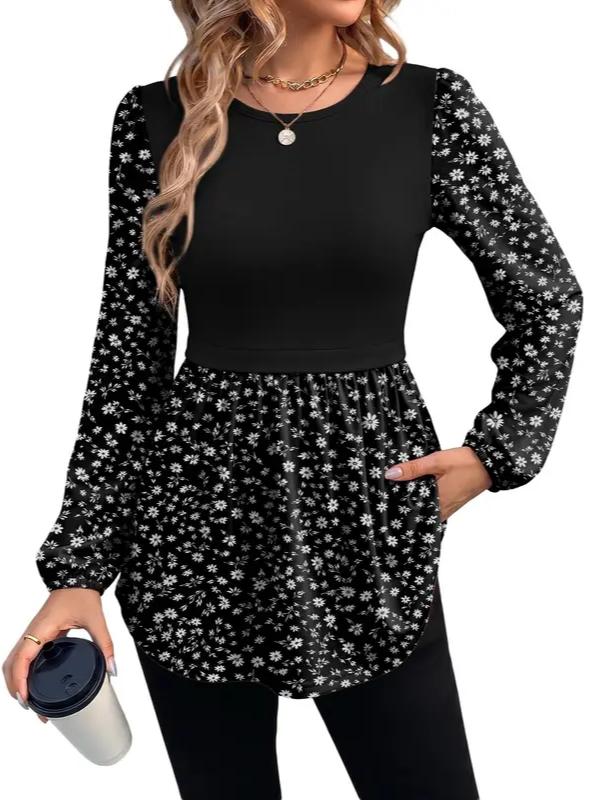 Women Crew Neck Babydoll Peplum Long Sleeve Tunic Blouse