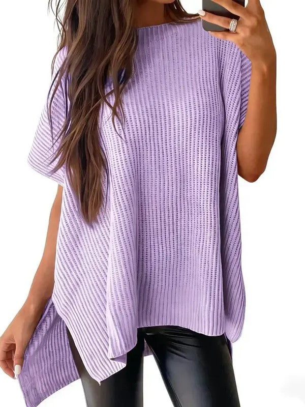 Women's Round Neck Side Slit Oversized Knit Top