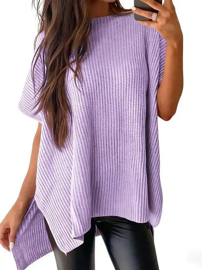 Women's Round Neck Side Slit Oversized Knit Top