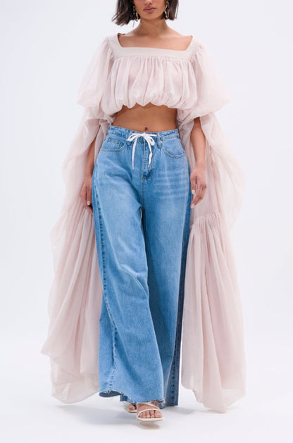 Women's loose square neck long-sleeved chiffon blouse