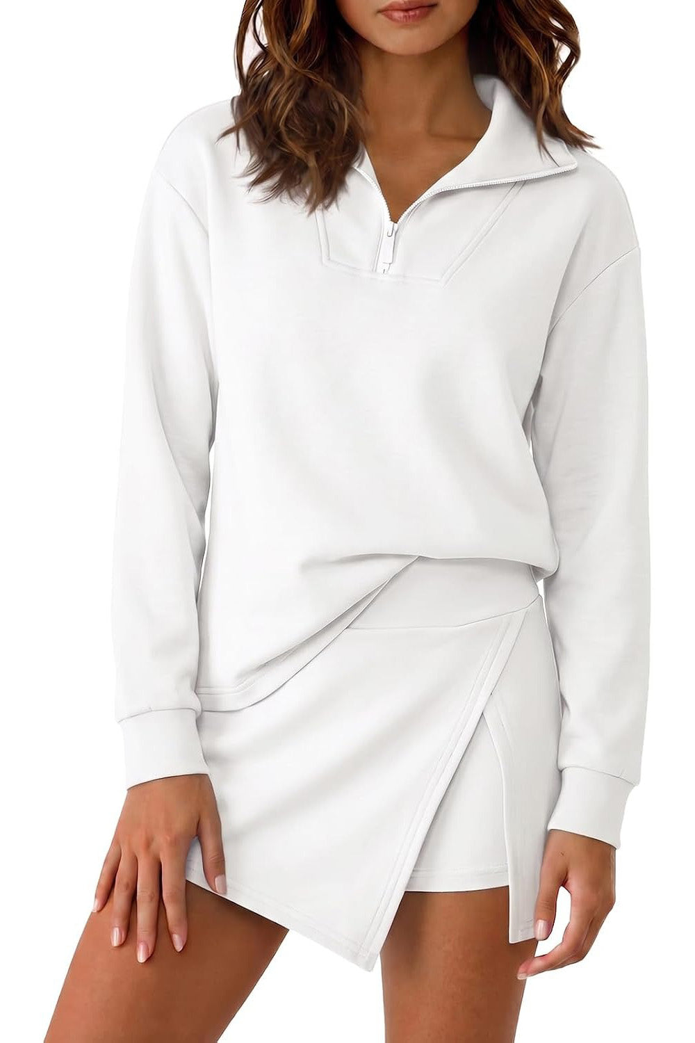 Hot Sale-Women's Half Zip Long?Sleeve Top & Wrap Skort 2 Piece Casual Set