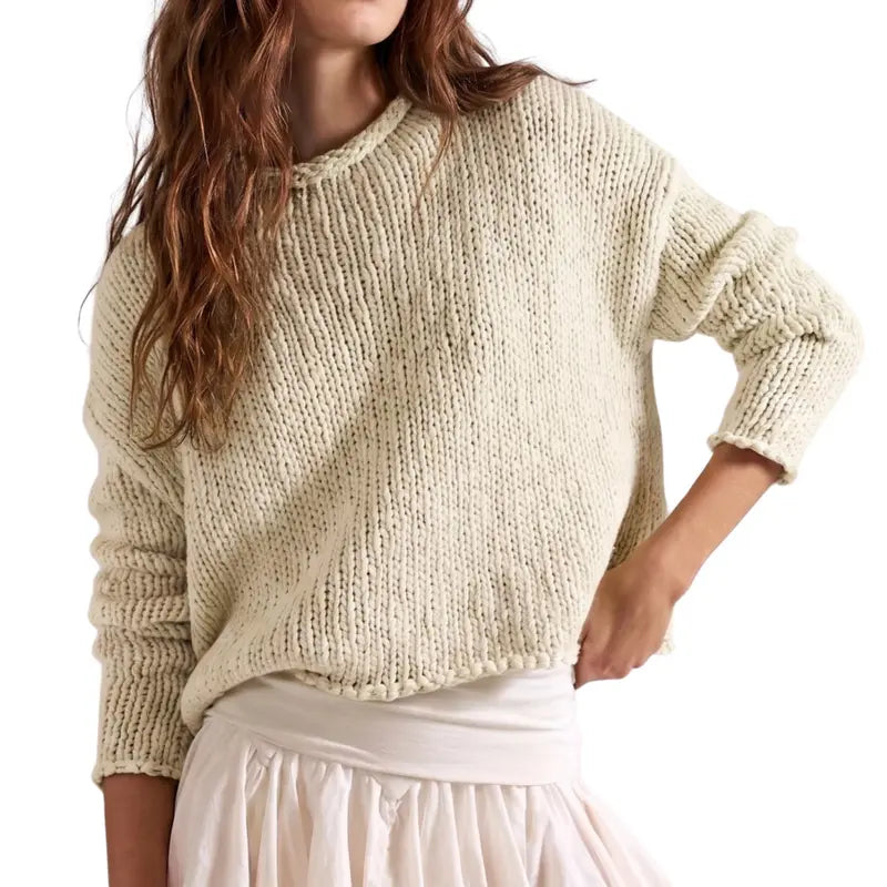 Women Chunky Crochet Crew Neck Oversized Long-Sleeve Pullover Sweater