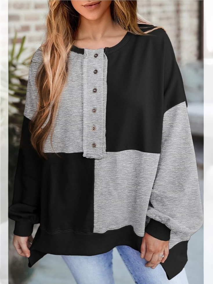 Women's Color Block Henley Oversized Sweatshirt