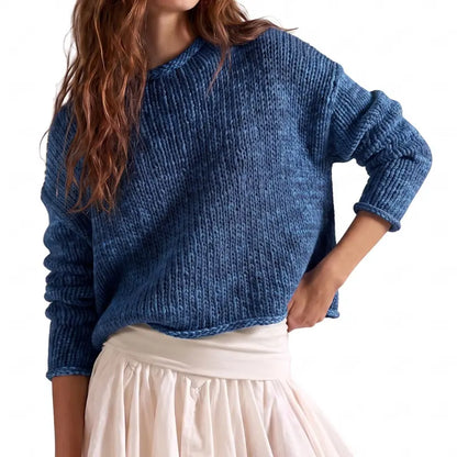 Women Chunky Crochet Crew Neck Oversized Long-Sleeve Pullover Sweater