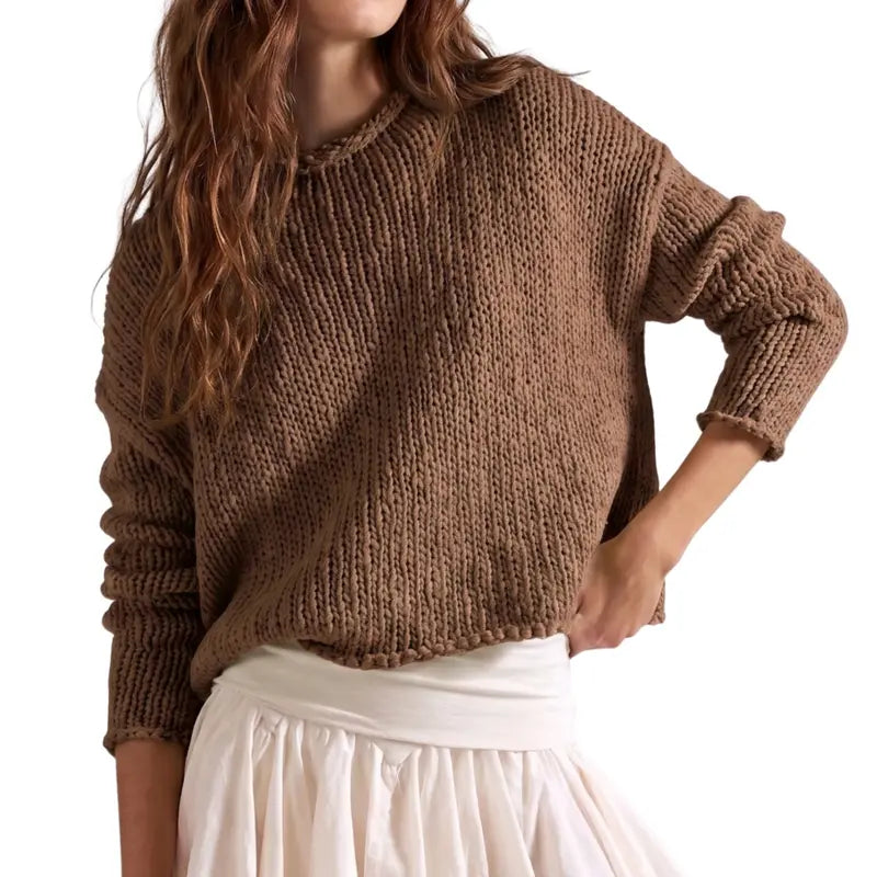 Women Chunky Crochet Crew Neck Oversized Long-Sleeve Pullover Sweater